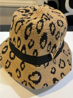 Vince Camuto Leopard-Print Knit Bucket Hat in Tan and Black with Gold V Accent